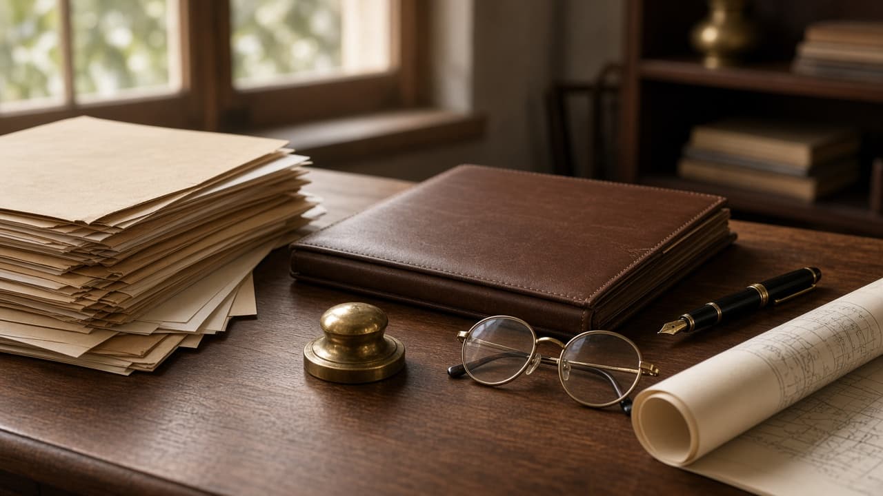Title documents and a survey plan on a desk