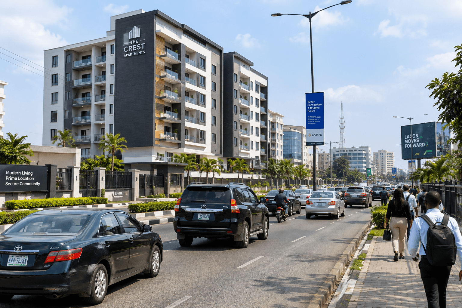 A modern apartment building beside a busy city road, with commuters and cars passing by.