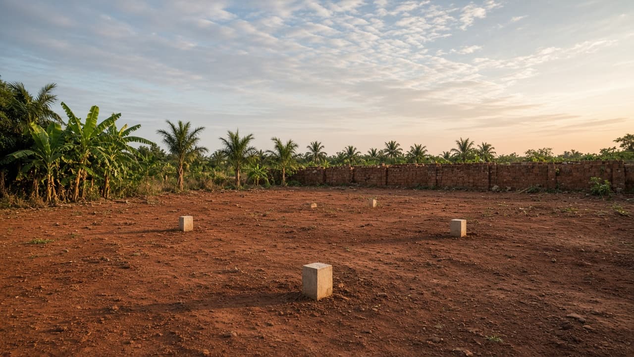 A vacant residential plot in Nigeria with laterite soil, survey beacons, and palm trees at the edge