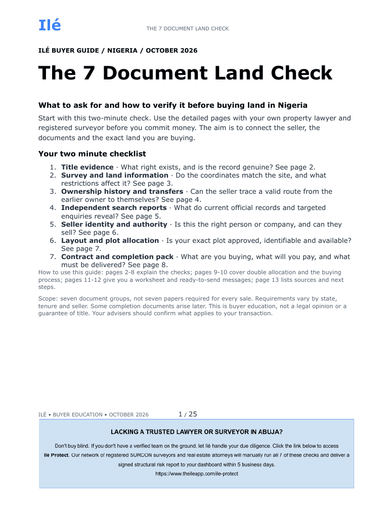 Preview of the first page of Ilé’s 7-Document Land Check, with a two-minute buyer checklist