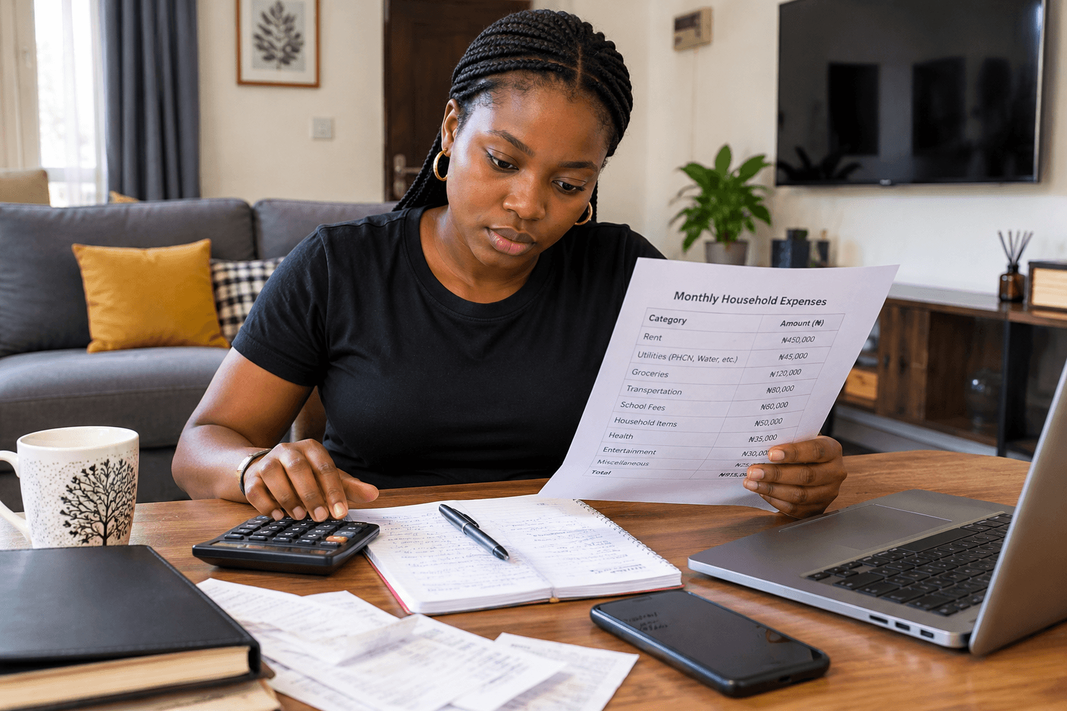 A person reviewing household expenses with a notebook and calculator at home.